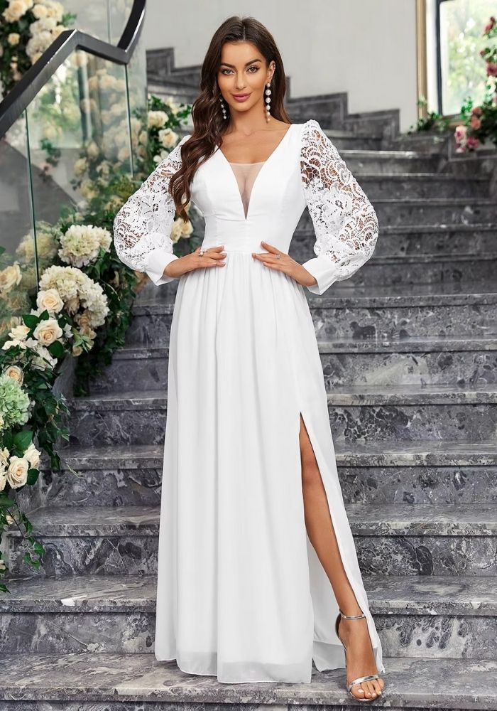 Boho Brautkleid Standesamt Weiß Bodenlänge Brautkleid