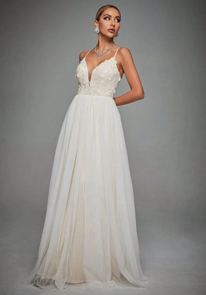 Brautkleid Standesamt Lang 3D-Stickerei Brautmode