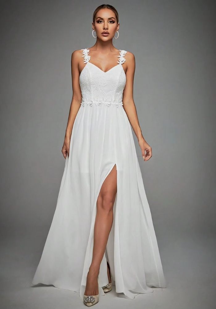 Brautkleid Standesamt Lang Schlitz Spitzenverzierung