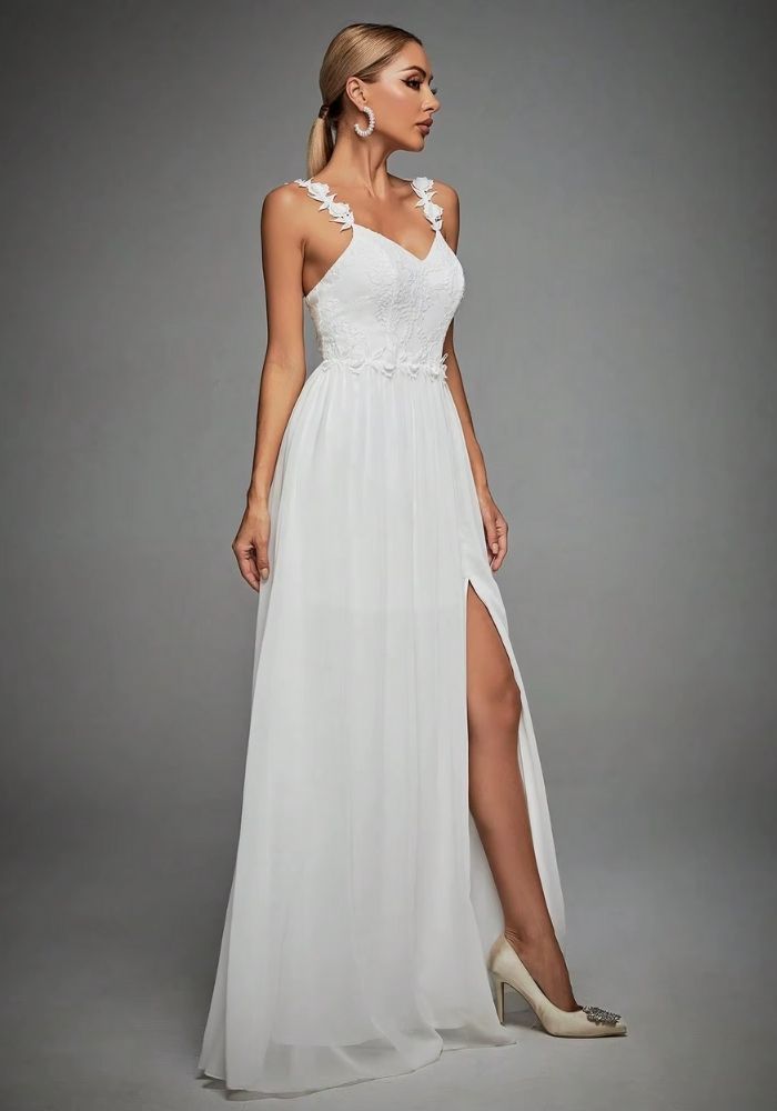 Brautkleid Standesamt Lang Schlitz Spitzenverzierung