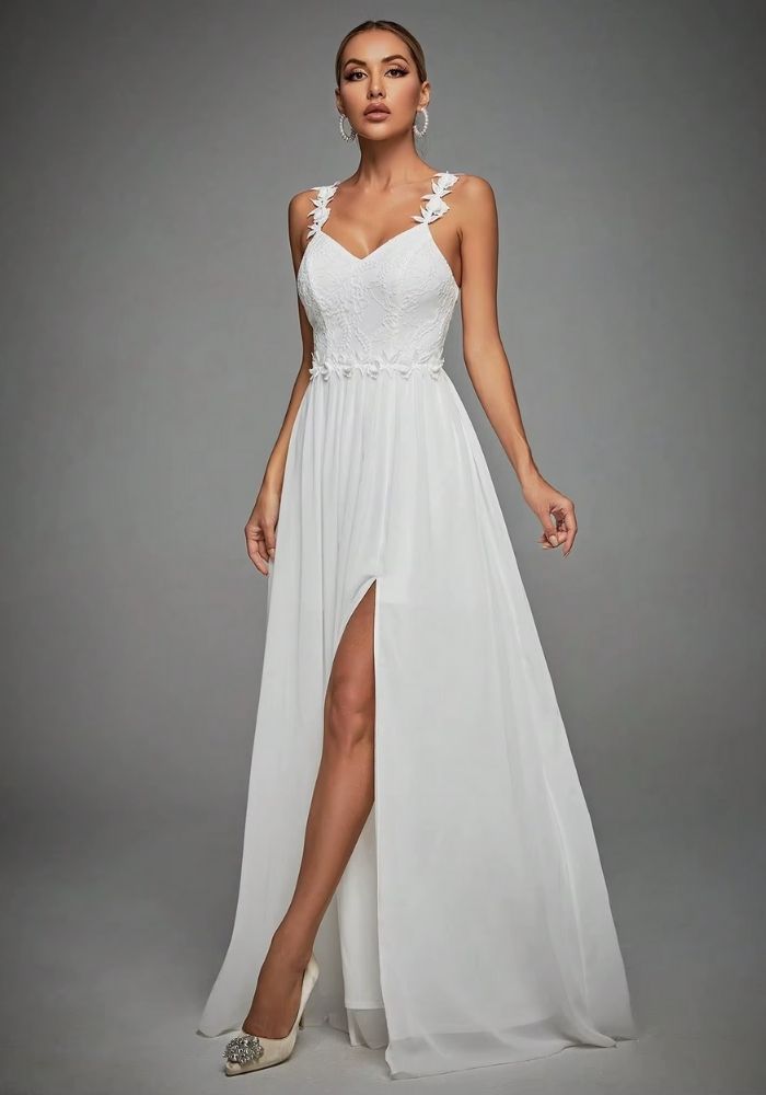 Brautkleid Standesamt Lang Schlitz Spitzenverzierung
