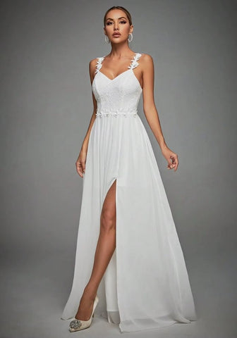 Brautkleid Standesamt Lang Schlitz Spitzenverzierung