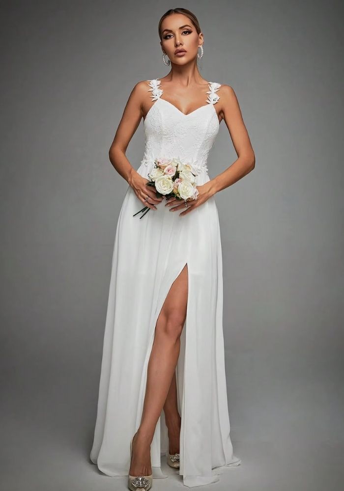 Brautkleid Standesamt Lang Schlitz Spitzenverzierung