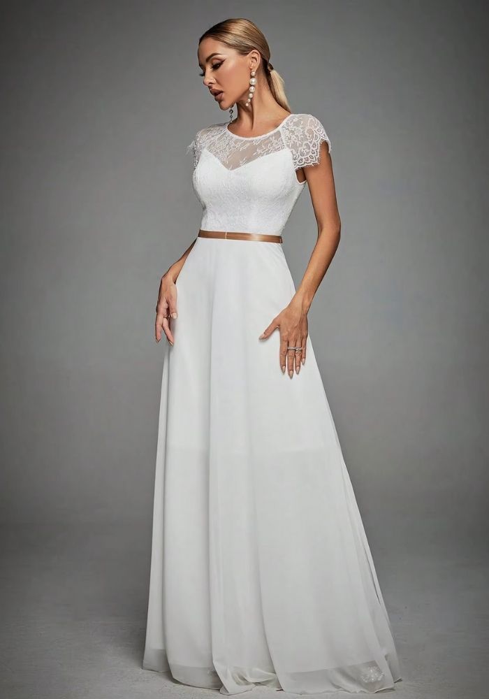 Brautkleider Standesamt Wimper Spitze Ärmel Chiffon