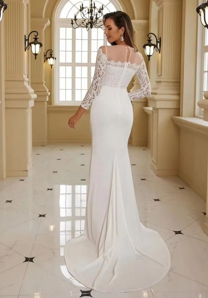 Hochzeitskleid Standesamt Modern Spitze V-Ausschnitt Rückenfrei